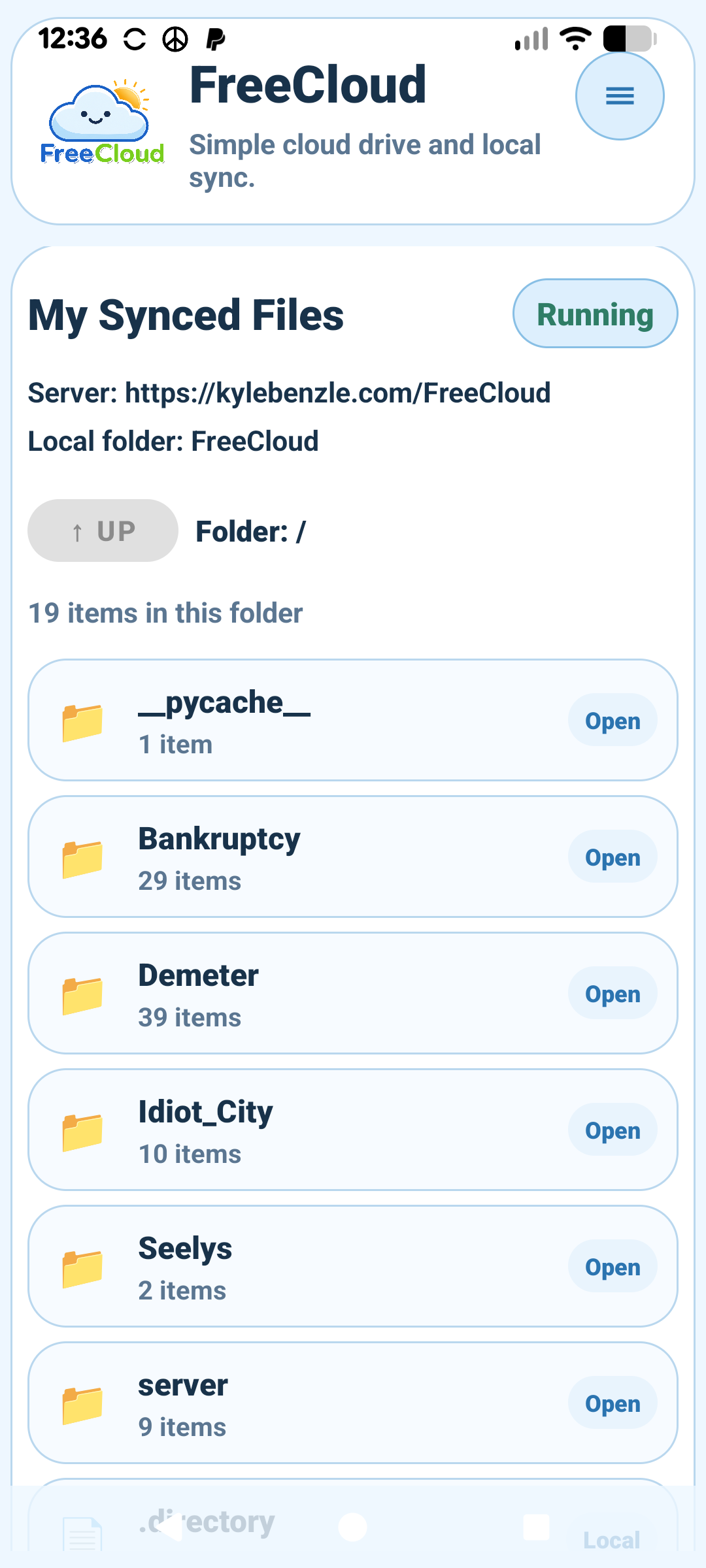 FreeCloud Android app showing synced folders