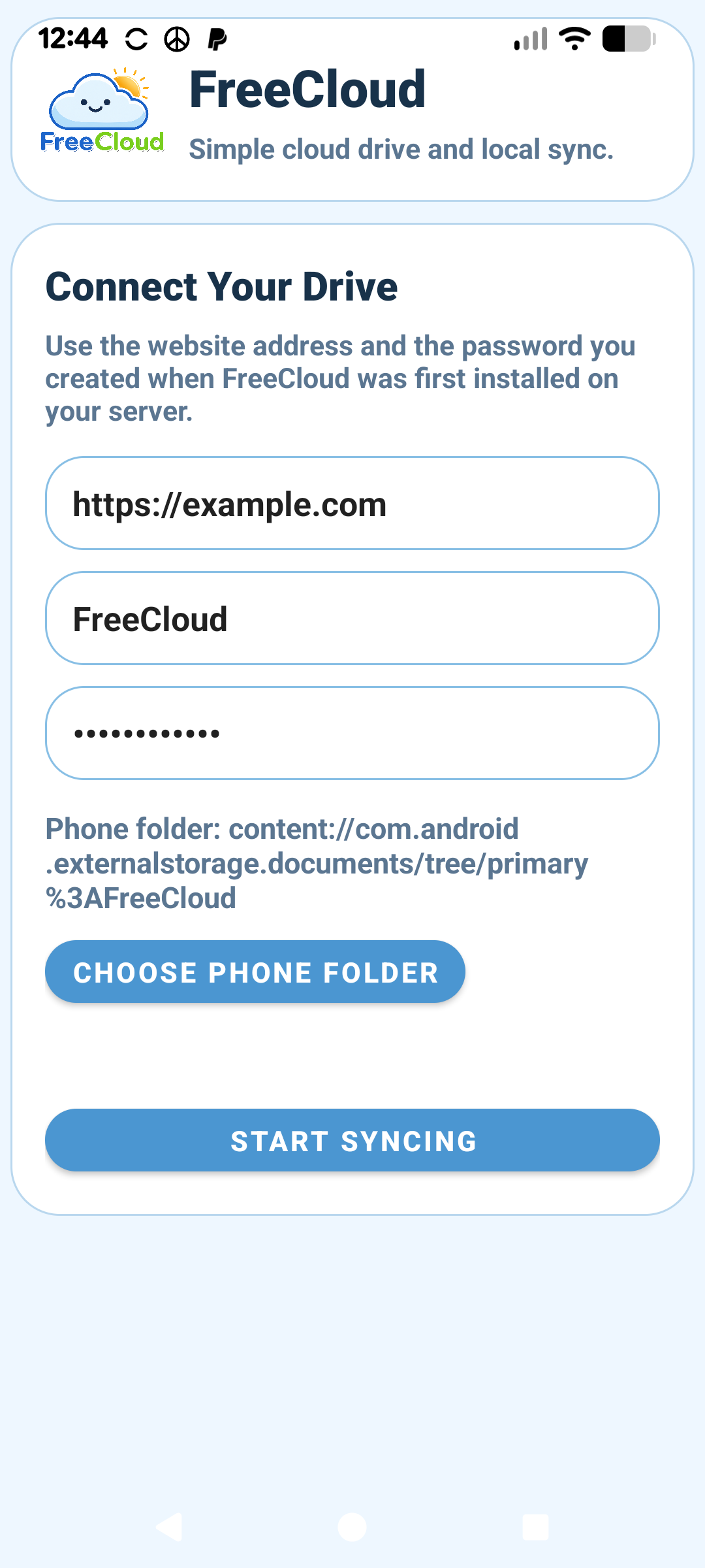 FreeCloud Android setup screen