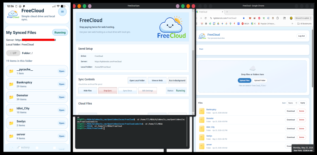 FreeCloud desktop app, Android app, and web interface side by side